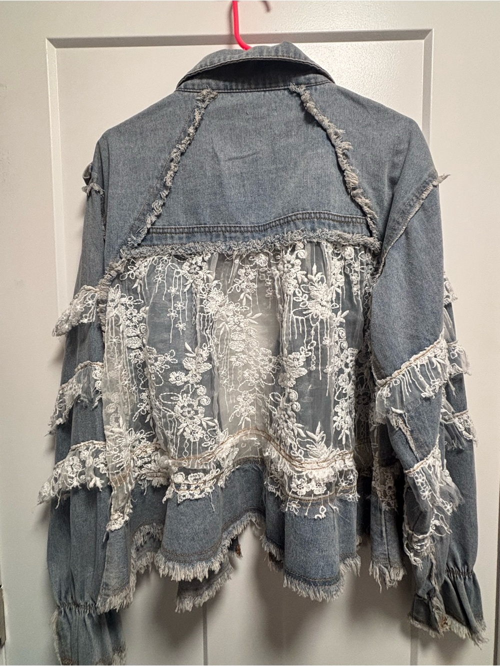 POL Lace Detail Denim Jacket Size Small NWOT Boho Frayed Snap Front - Picture 3 of 7